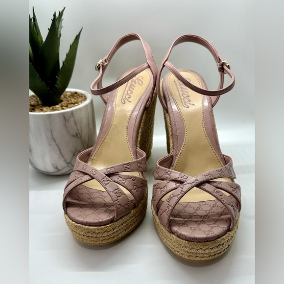 Gucci Guccissima Leather Espadrille Wedge Platform Sandals Size 38 1/2 - Picture 1 of 17